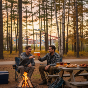 Two friends enjoy hazy IPAs by a campfire at a wooded campground near Wisconsin Dells, with a beer flight and snacks on a picnic table.