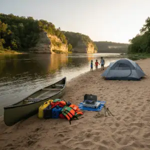 Canoe-camping gear including dry bags, life jackets, tent, and stove arranged on a sandy riverbank near a green canoe, with a calm river and tree-lined bluffs in the background.