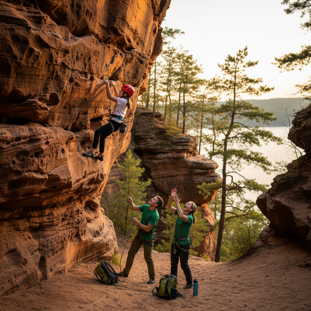 A child wearing a helmet climbs a small sandstone cliff on top-rope while a parent belays below and another adult cheers, with pine trees and a lake in the sunlit background.