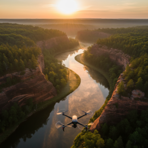 Aerial view of a drone flying above a winding sandstone canyon and river at sunrise, with golden light illuminating mist and lush green forest on both sides.