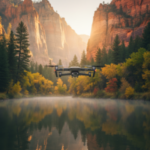 A small drone hovers above a calm river at sunrise, surrounded by tall orange sandstone cliffs and autumn trees in a canyon landscape.