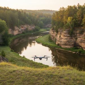 A consumer drone hovers above a grassy riverbank at sunrise with sandstone canyon walls and a calm river in the background, surrounded by pine and deciduous trees in the Wisconsin Dells.