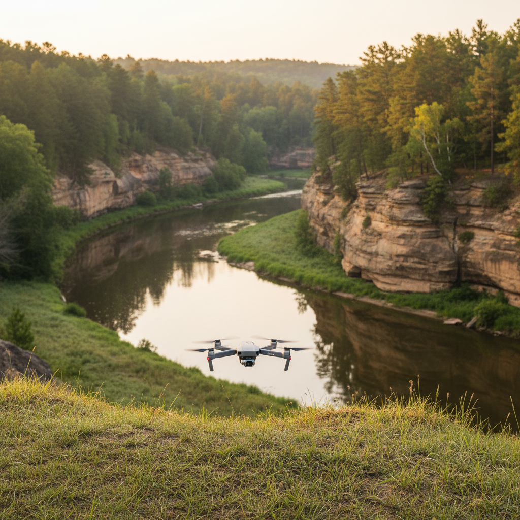 A consumer drone hovers above a grassy riverbank at sunrise with sandstone canyon walls and a calm river in the background, surrounded by pine and deciduous trees in the Wisconsin Dells.