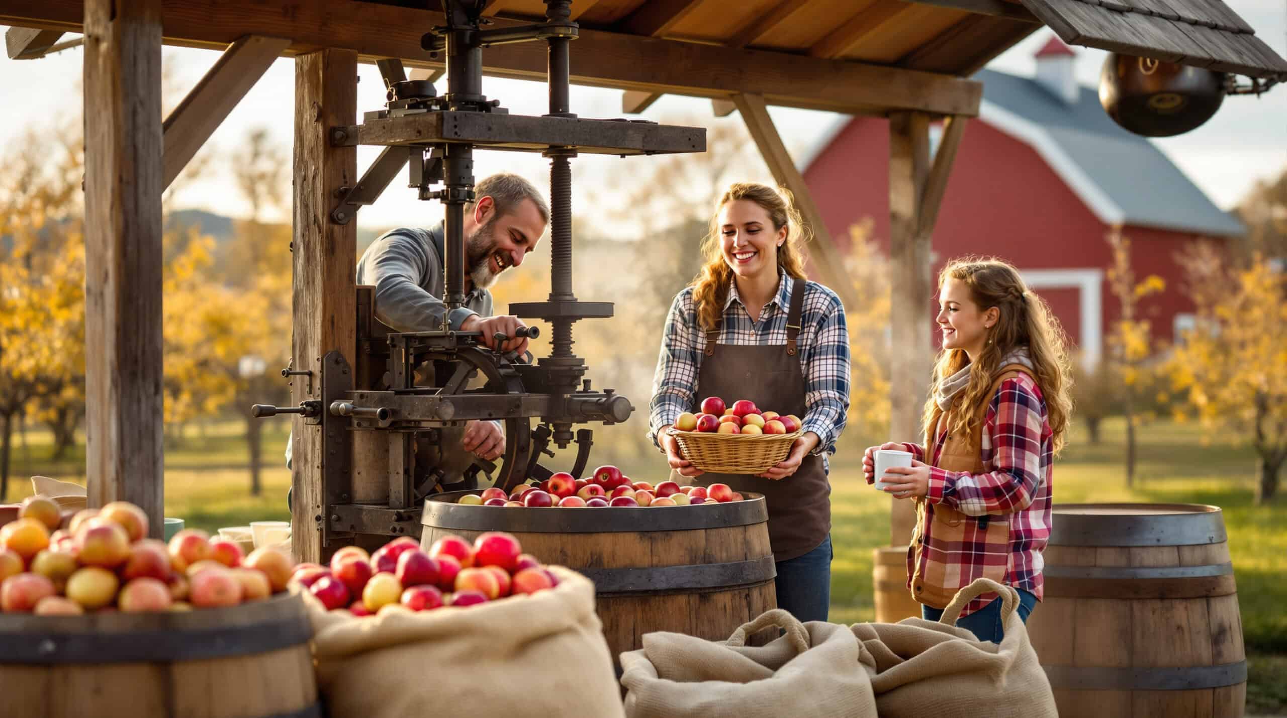 Three people at an outdoor apple orchard use a vintage cider press, with barrels and baskets of apples around them and a red barn in the background.