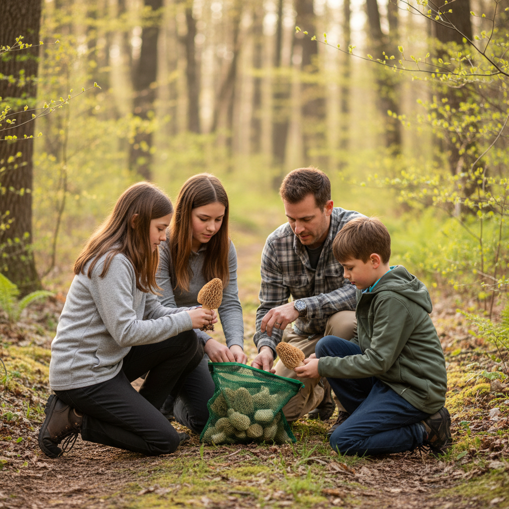 Family with two children foraging morel mushrooms on a wooded spring trail near Wisconsin Dells, placing mushrooms into a mesh bag with sunlight filtering through budding trees