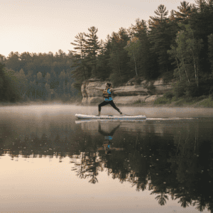 Paddleboarder practicing yoga at sunrise on calm river with mist and sandstone bluffs in the background
