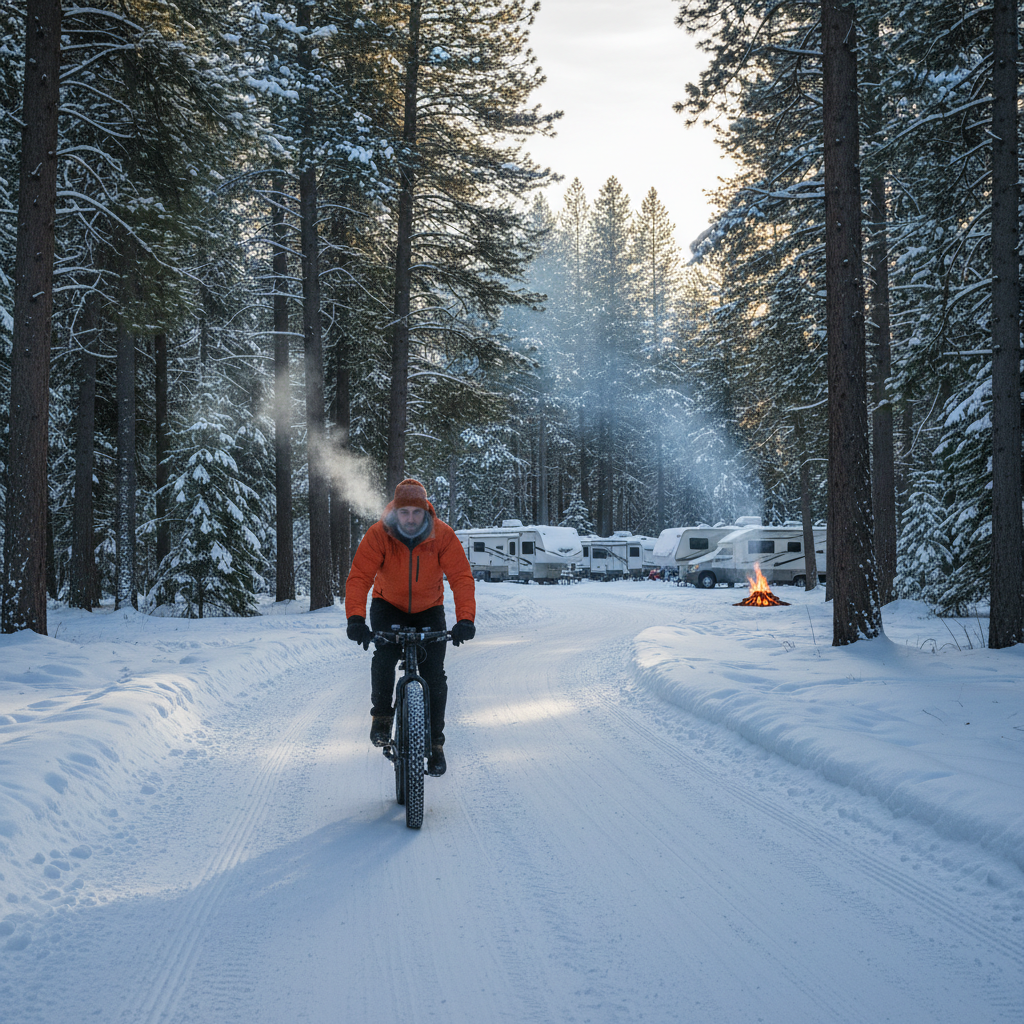 A winter fat-tire cyclist rides along a snowy wooded trail with pine trees, soft sunlight, and a distant campground with RVs and a glowing campfire.