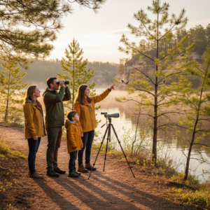 A family birdwatching on a misty lakeside trail in spring, with binoculars and a field scope, surrounded by budding trees and sandstone bluffs.