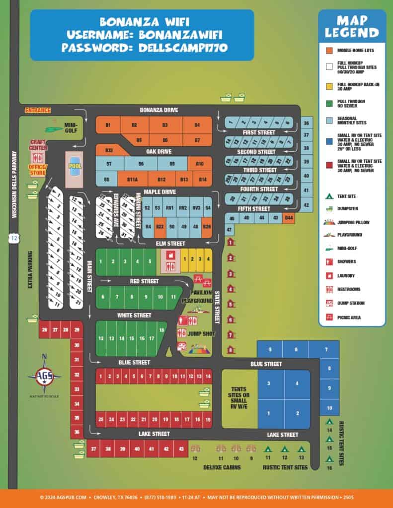 Color-coded campground map showing numbered lots, roads, amenities, and WiFi login info. Map legend explains icons for locations like restrooms, showers, and laundry.