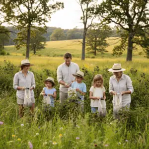 A family with children and grandparents picking ripe black raspberries in a sunlit oak savanna near Wisconsin Dells, surrounded by green grasses and scattered oak trees.