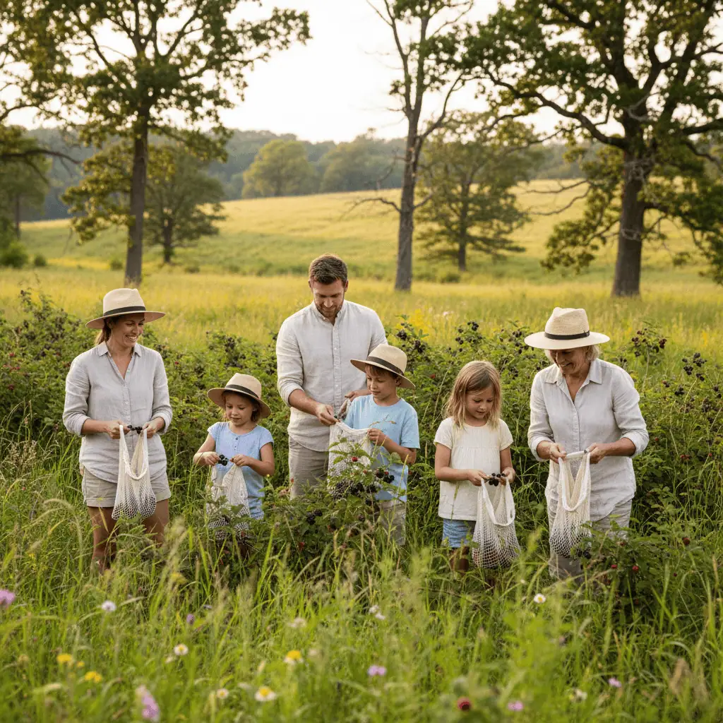 A family with children and grandparents picking ripe black raspberries in a sunlit oak savanna near Wisconsin Dells, surrounded by green grasses and scattered oak trees.
