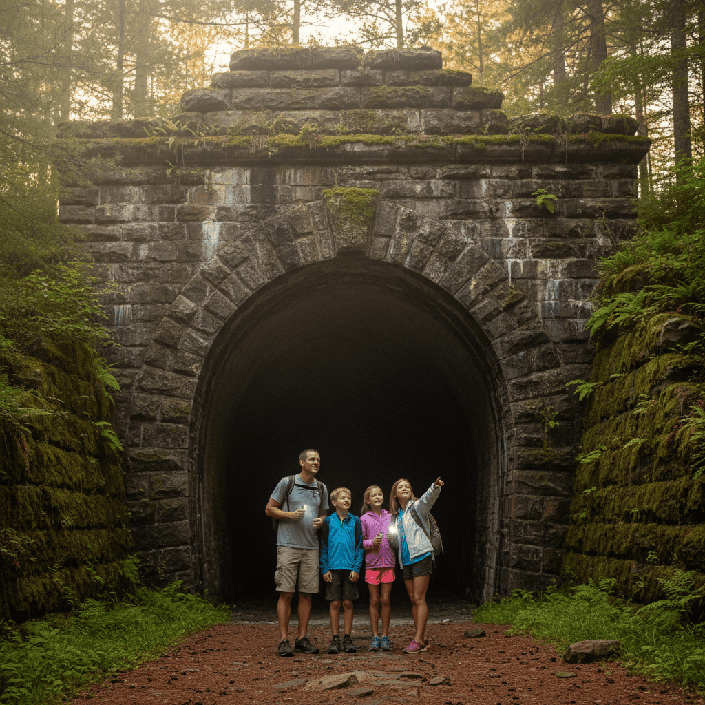 Family with children exploring the stone entrance of a historic 1881 railroad tunnel in a Wisconsin pine forest, with parents holding flashlights and kids looking into the tunnel.