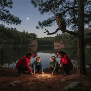 Family with red headlamps tracking animal footprints in a pine forest at night as a barred owl sits on a branch, with a calm lake and distant bluffs under a starry sky.