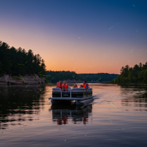 A family in life jackets rides a small pontoon boat at twilight on a calm river near Wisconsin Dells, with glowing green fireflies swirling above the water and sandstone cliffs and pine trees silhouetted in the background.