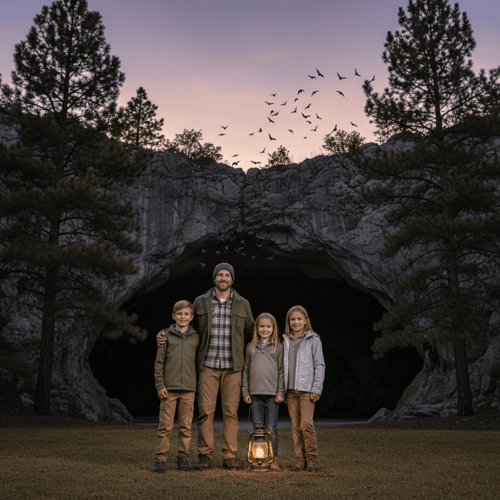A family watches bats fly above a cave entrance at dusk in a pine forest near Wisconsin Dells.
