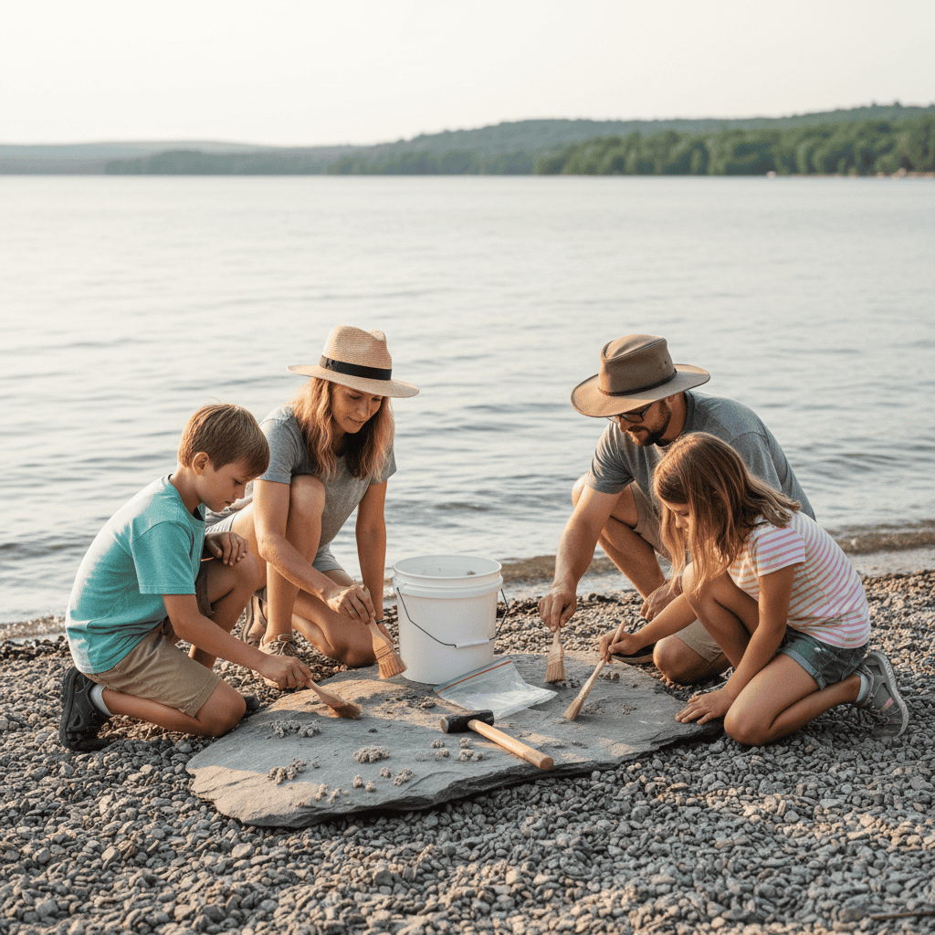 A family with two children kneels on a rocky lakeshore, brushing fossils on a large flat stone with small brushes, with a white bucket, rock hammer, and plastic bags nearby, under a clear summer sky with trees in the distant background.