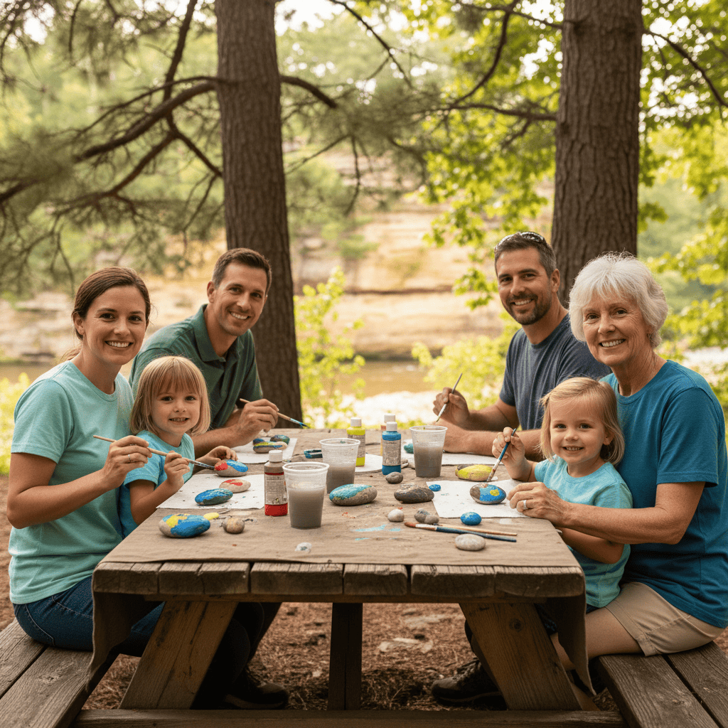 A family paints colorful river rocks together at a picnic table under pine trees, with art supplies spread out and sandstone cliffs softly visible in the background.