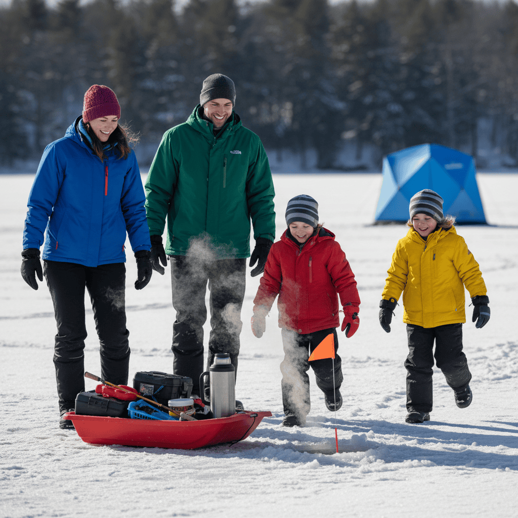Family with children rushes toward a raised tip-up flag on a frozen lake, bundled in winter gear, with a sled of ice fishing equipment and a warm pop-up shelter in the snowy Wisconsin Dells outdoors.