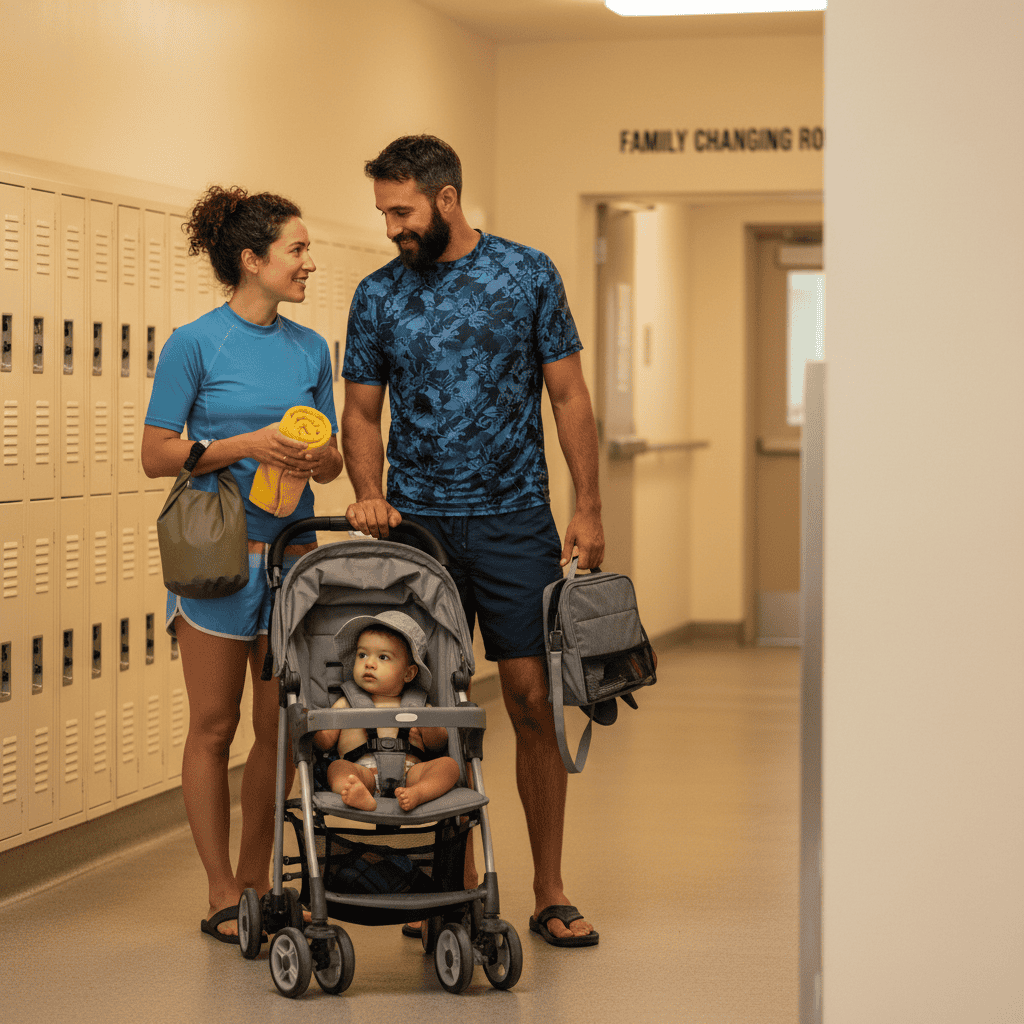 Parents with a toddler in a stroller organize a dry bag, towel, and diaper-changing kit near waterpark lockers in Wisconsin Dells, Wisconsin