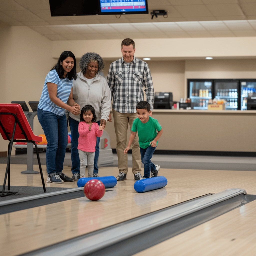 Family with young kids and a grandparent bowls on a bumper-lane at an indoor bowling center near Wisconsin Dells, Wisconsin