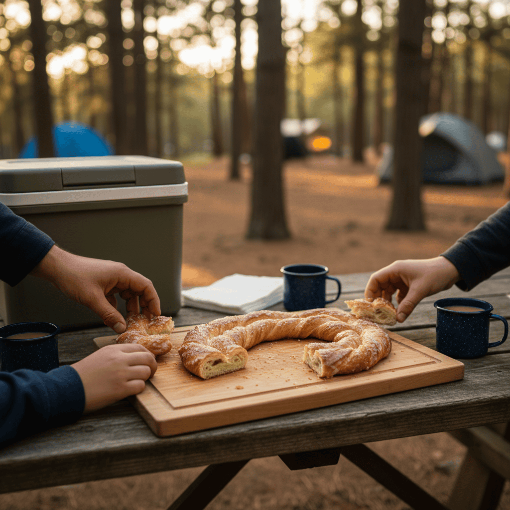 Sliced Wisconsin kringle pastry on a wooden cutting board at an outdoor picnic table, with coffee mugs and a cooler in a wooded campground near Wisconsin Dells.