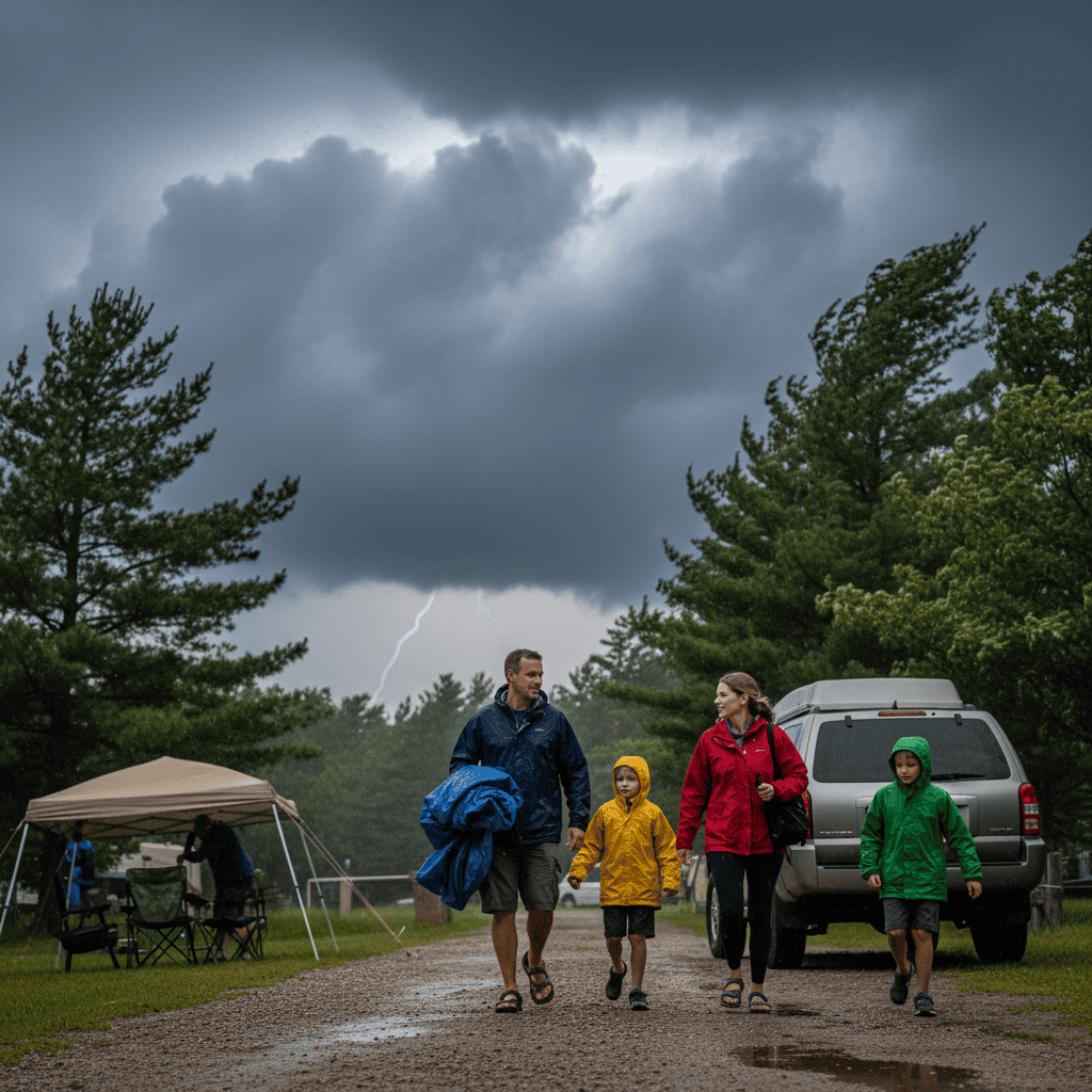 Family in rain jackets walks along a wet campground road toward an SUV as a thunderstorm with dark clouds and lightning approaches in Wisconsin Dells, Wisconsin.