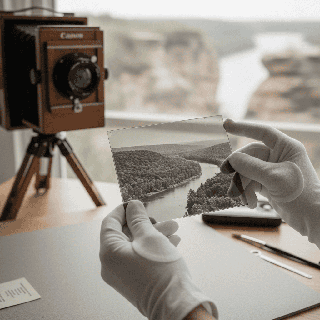 Gloved hands hold a vintage glass-plate negative over an archival workspace with a large-format camera and tripod blurred in the background.