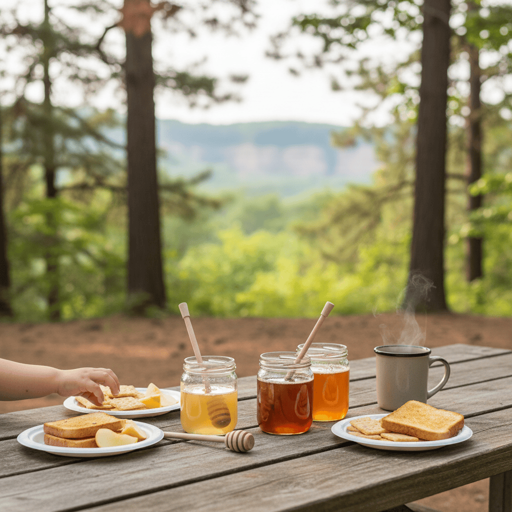 Family tasting three jars of local honey with toast, apples, and tea at a wooded campground picnic table near Wisconsin Dells, Wisconsin