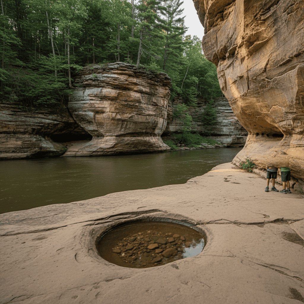 Layered sandstone cliff along the Wisconsin River with an undercut ledge and a smooth pothole in the foreground rock bench, lit by low-angle sunlight.