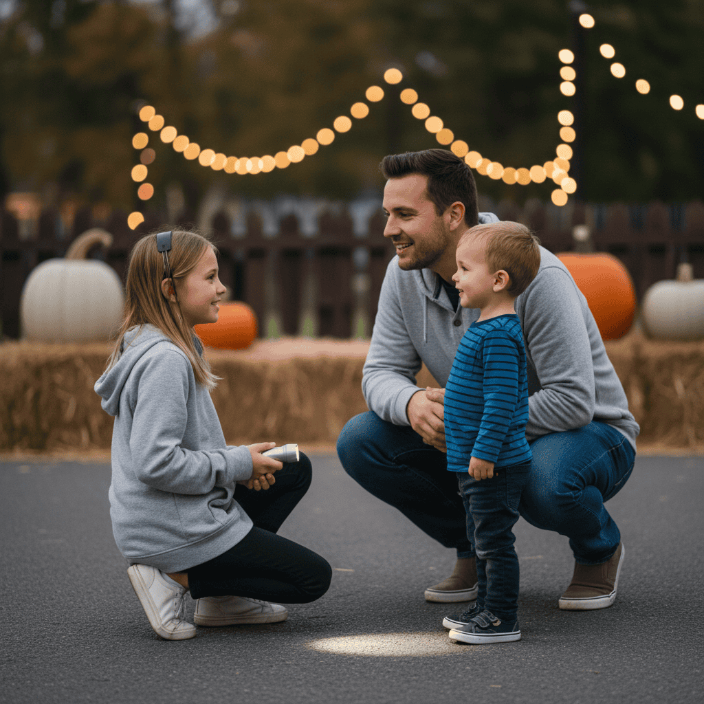 Parent reassures two young children in hoodies holding a small flashlight before a gentle spooky-themed outing in Wisconsin Dells, Wisconsin, with pumpkins and soft lights in the background