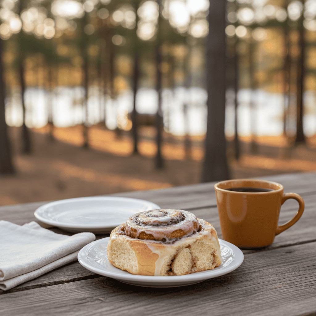 Large frosted cinnamon roll with a gooey spiral center on a plate beside a cup of coffee on a rustic campground picnic table near Wisconsin Dells, Wisconsin