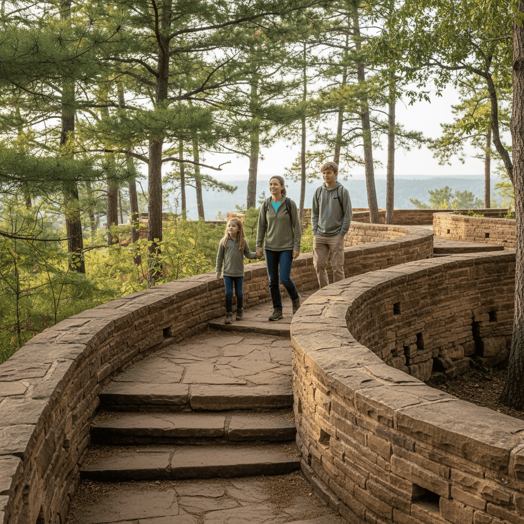 Family hiking up rustic stone steps beside a hand-laid stone retaining wall in a wooded Wisconsin Dells area state park