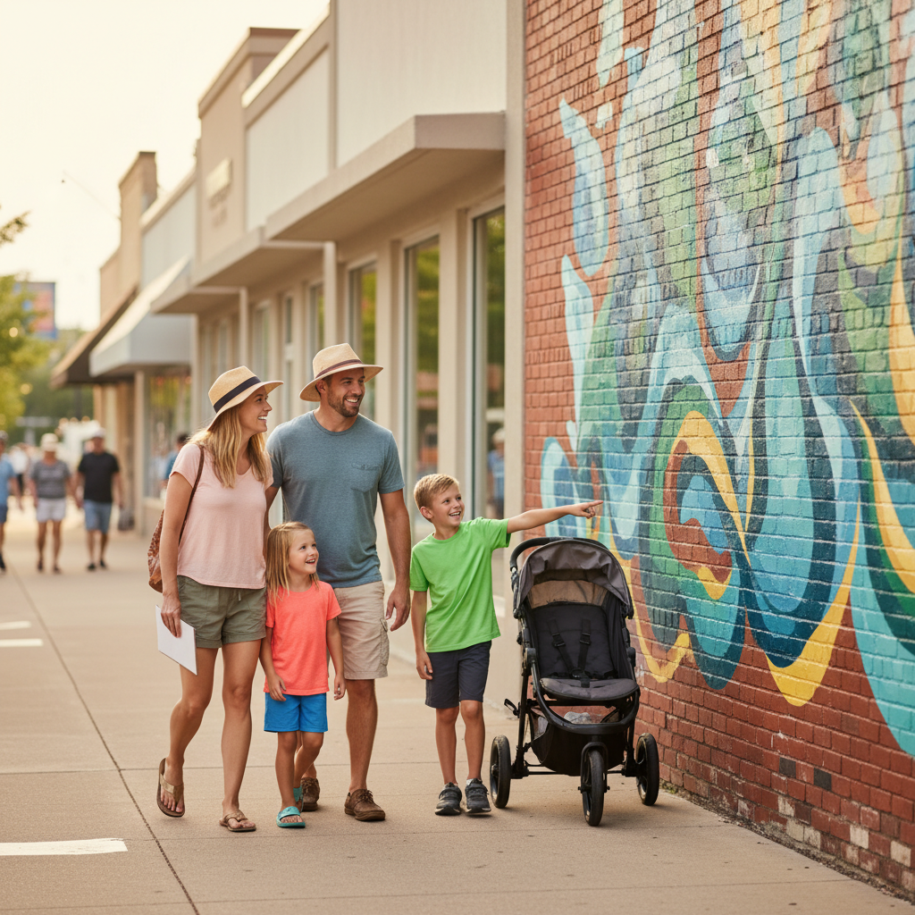 Parents and two kids point at a colorful mural while using a paper scavenger-hunt checklist on a sunny downtown Wisconsin Dells sidewalk near a stroller.