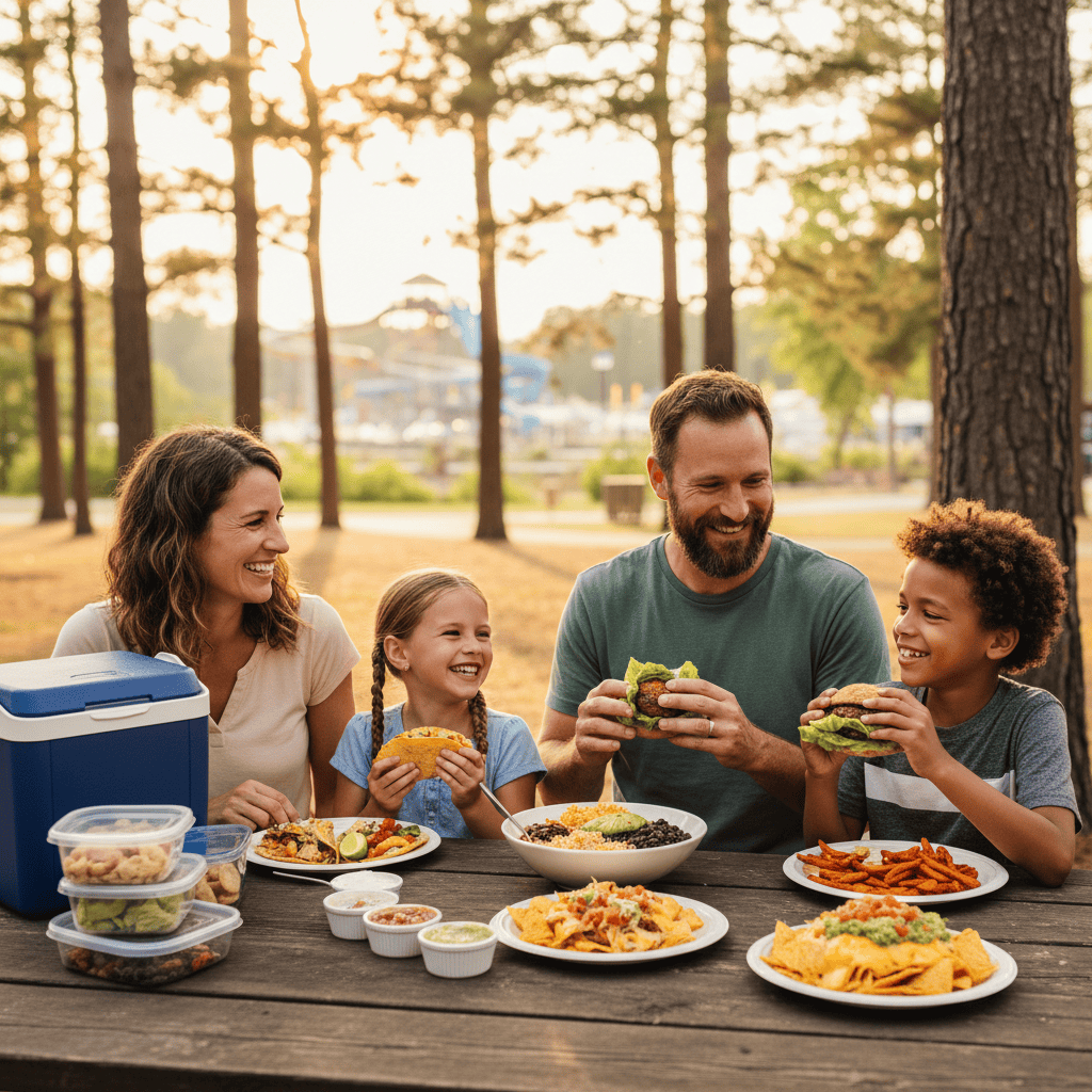 Family enjoying kid-friendly gluten-free tacos, bunless burgers, rice bowls, and nachos at an outdoor picnic table near a wooded campground in Wisconsin Dells, Wisconsin.