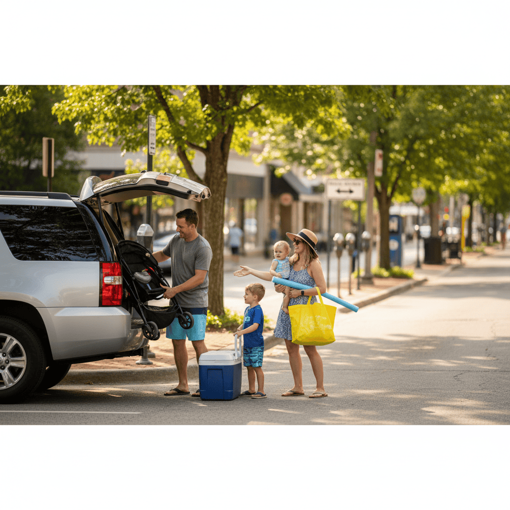 Family with kids unloads a stroller and cooler from an SUV parked along a tree-lined downtown street with parking meters on a sunny summer day in Wisconsin Dells, Wisconsin