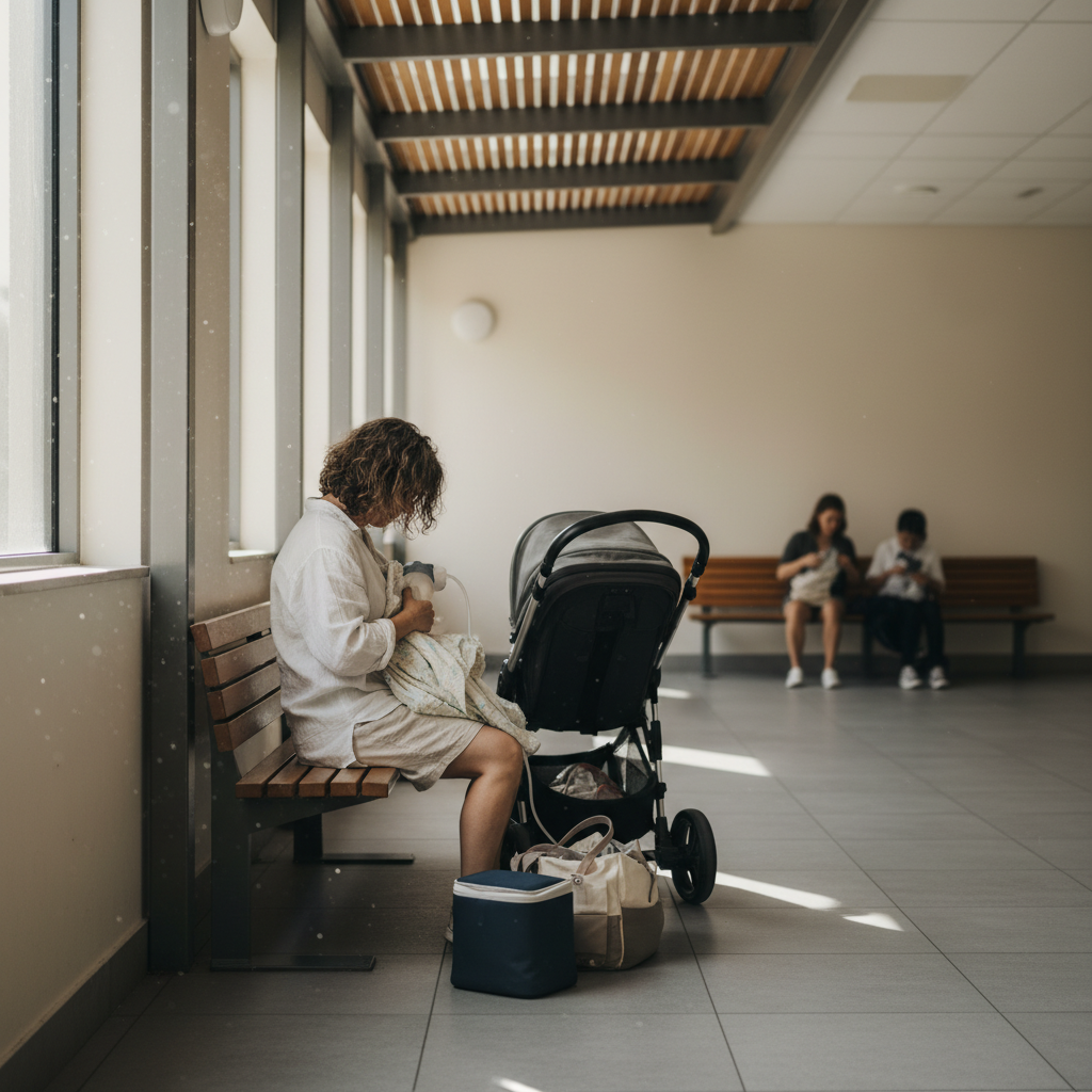 Parent nursing or pumping on a shaded bench in a quiet family rest area near a Wisconsin Dells waterpark, with stroller and cooler bag nearby