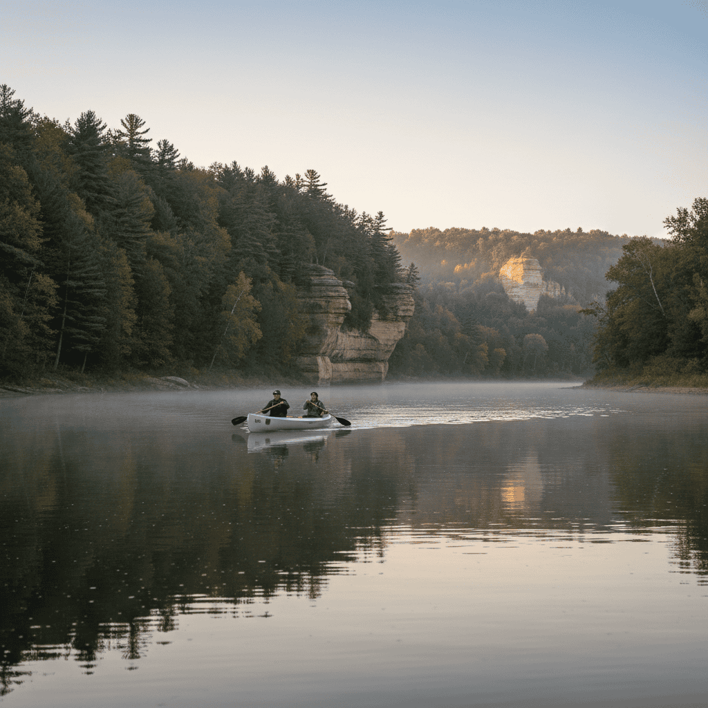 Canoe paddlers on the Wisconsin River near Wisconsin Dells, with wooded shoreline and sandstone bluffs in morning light.