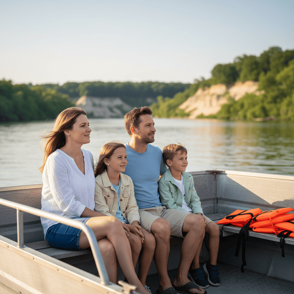 Family seated near the middle of an open-air river tour boat in Wisconsin Dells, looking toward the distant shoreline and bluffs on a calm summer day.