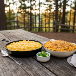Two bowls of mac and cheese on a wooden table, one creamy skillet-style and one baked with a toasted breadcrumb top, with jalapeños on the side in a blurred wooded Wisconsin Dells setting.