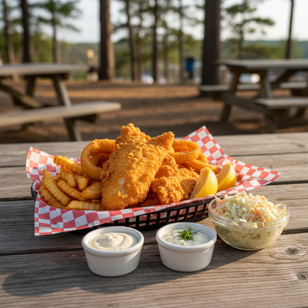 Fried fish basket with fries, onion rings, lemon wedges, and two ramekins of tartar sauce on an outdoor picnic table in Wisconsin Dells, Wisconsin