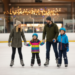 Parents and two kids holding hands while ice skating at an indoor rink, with the children wearing blue helmets and winter jackets under warm string lights.
