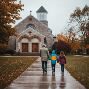 Parent and two children walk toward a brick church with rounded arches and a small bell tower on a rainy day in Wisconsin Dells, Wisconsin