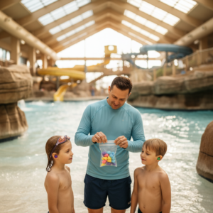 Parent with two children in a calm indoor waterpark seating area, holding a waterproof pouch with earplugs while one child wears tinted swim goggles to reduce noise and glare in Wisconsin Dells.