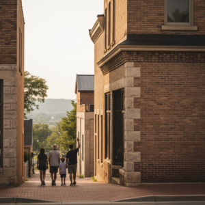 Family walks past brick storefronts in downtown Wisconsin Dells, Wisconsin, with a visible gap between buildings suggesting post-fire rebuilding.