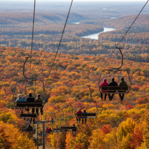 Chairlift riders glide above a forest of peak fall colors with a winding river valley view near Wisconsin Dells, Wisconsin.