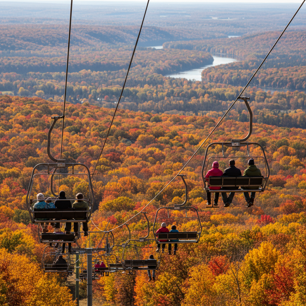 Chairlift riders glide above a forest of peak fall colors with a winding river valley view near Wisconsin Dells, Wisconsin.