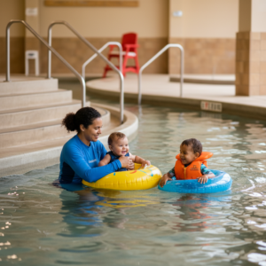 Parent and toddler float in a calm indoor lazy river in Wisconsin Dells while a preschooler in a life jacket rides nearby, with wide stairs and handrails visible for easy exits.