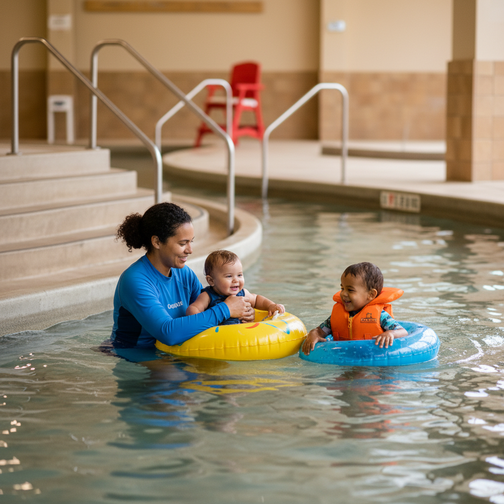 Parent and toddler float in a calm indoor lazy river in Wisconsin Dells while a preschooler in a life jacket rides nearby, with wide stairs and handrails visible for easy exits.