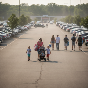 Family with kids and a stroller walks from a sunny parking lot toward a generic Wisconsin Dells waterpark entrance, carrying swim bags and a cooler.