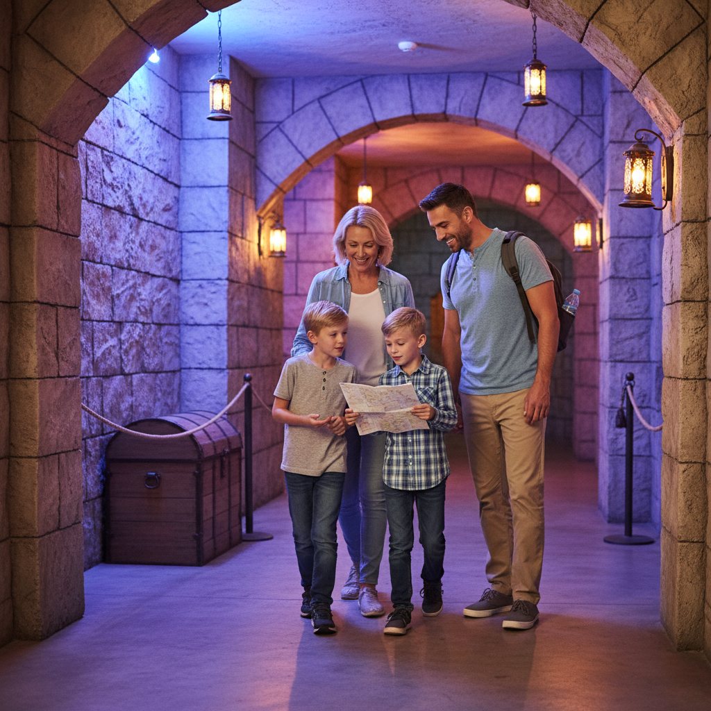 Multigenerational family explores an indoor fantasy adventure corridor in Wisconsin Dells, with kids holding a map and an adult carrying a small backpack.